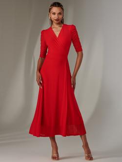 Jolie Moi Zeena Mesh Ruched Wrap Dress, Red
