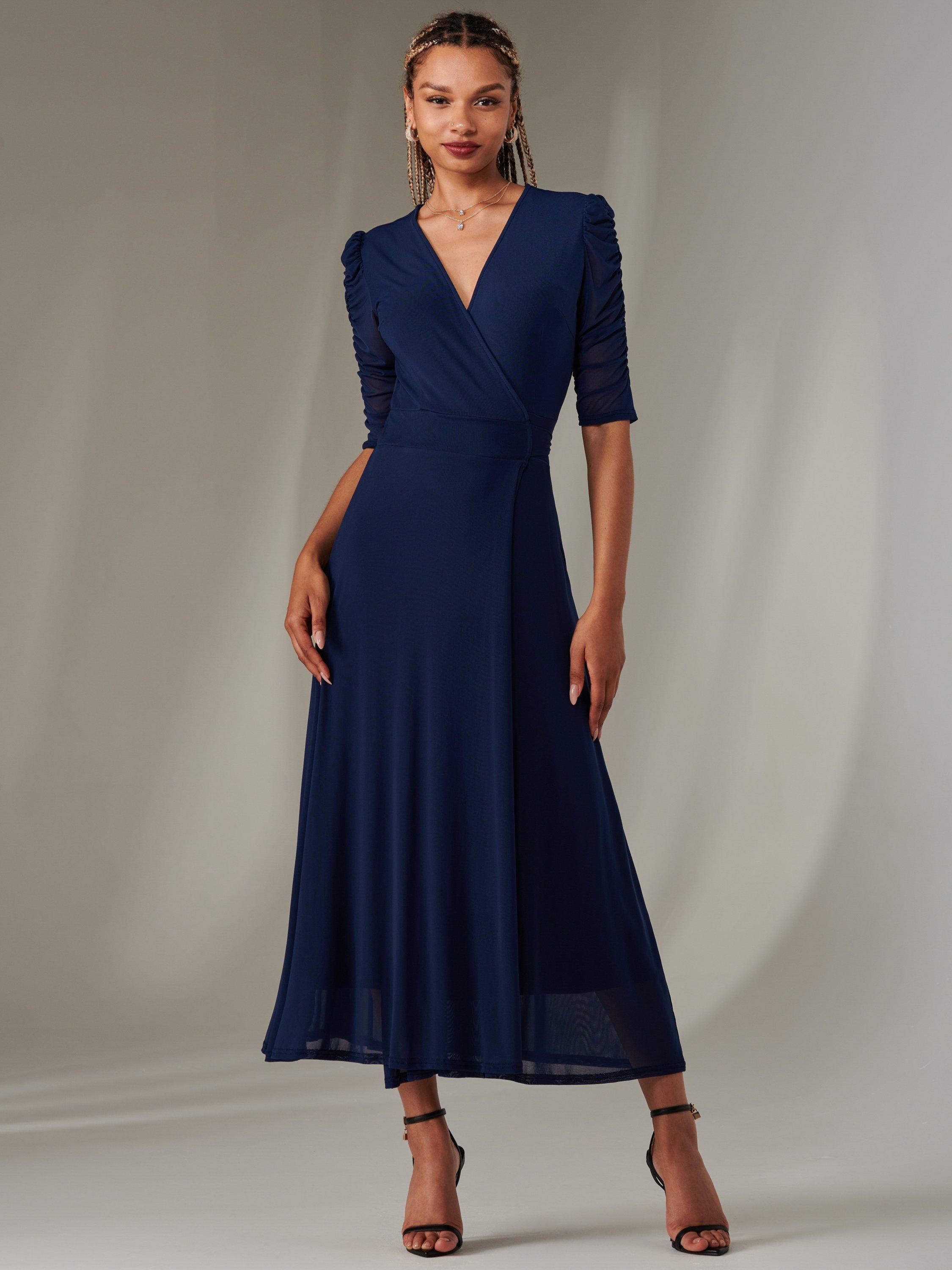 Product image 1 of 7, which shows Jolie Moi Zeena Mesh Ruched Wrap Dress, Navy, 8