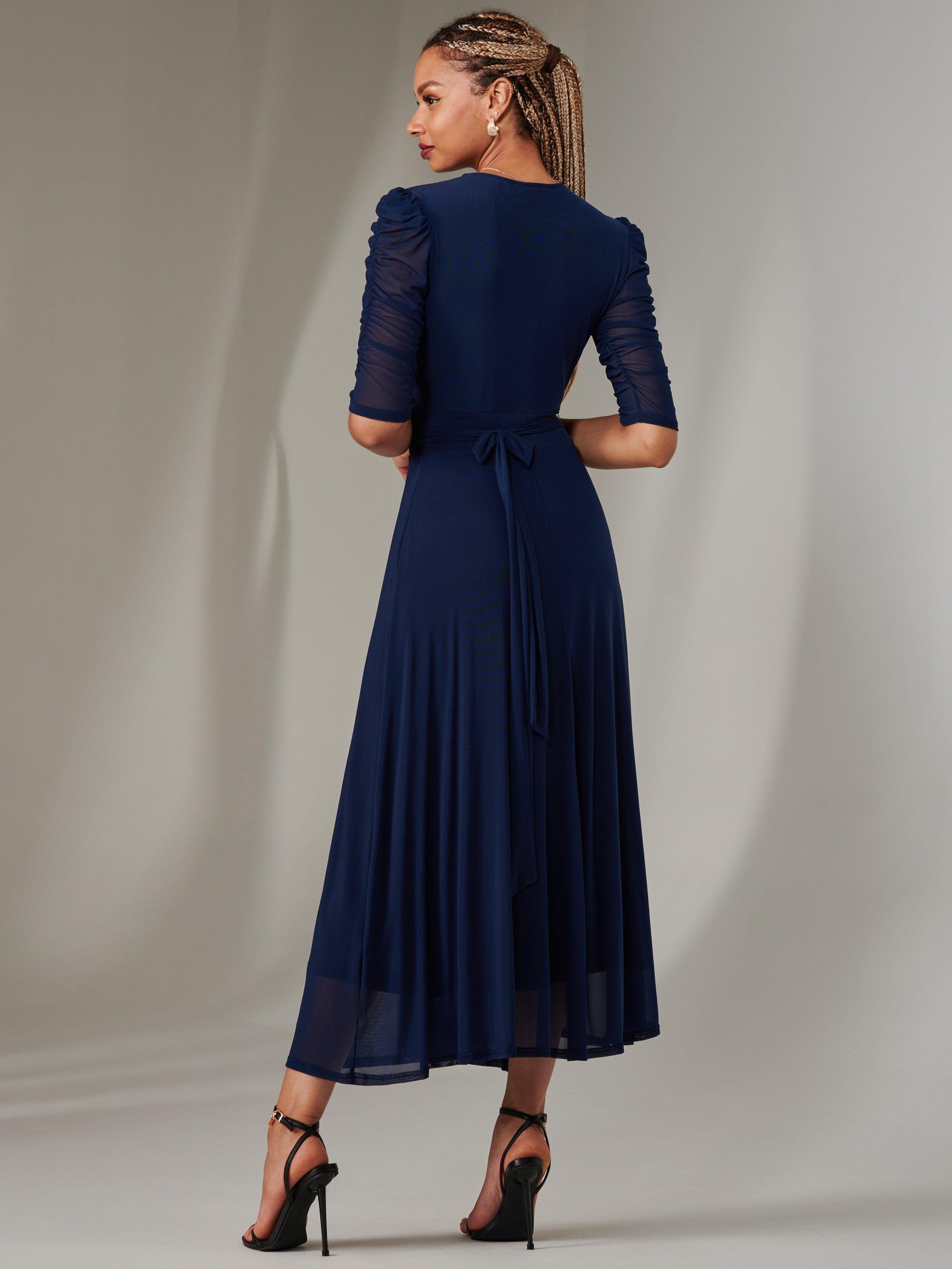 Product image 2 of 7, which shows Jolie Moi Zeena Mesh Ruched Wrap Dress, Navy, 8