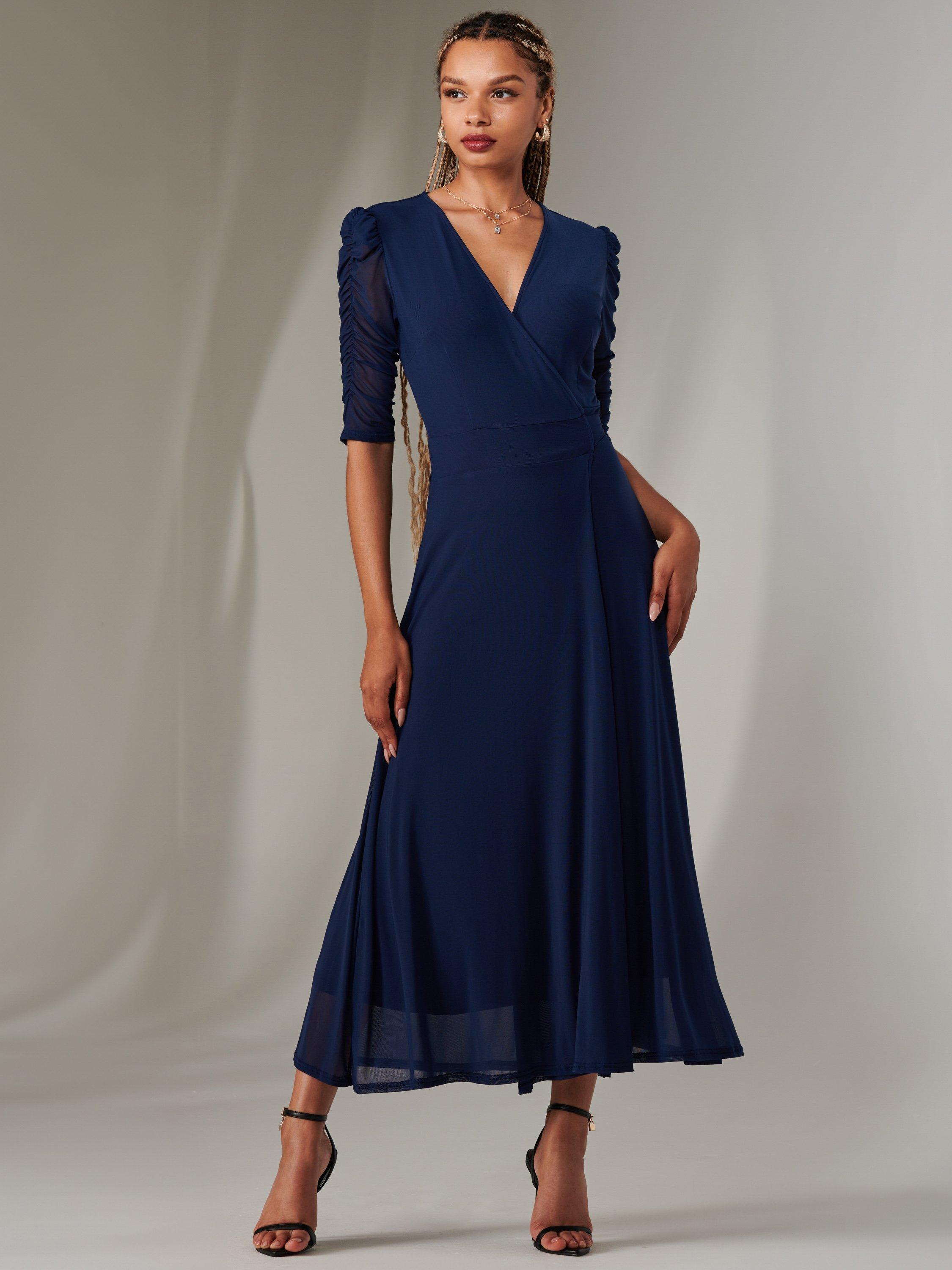 Product image 3 of 7, which shows Jolie Moi Zeena Mesh Ruched Wrap Dress, Navy, 8