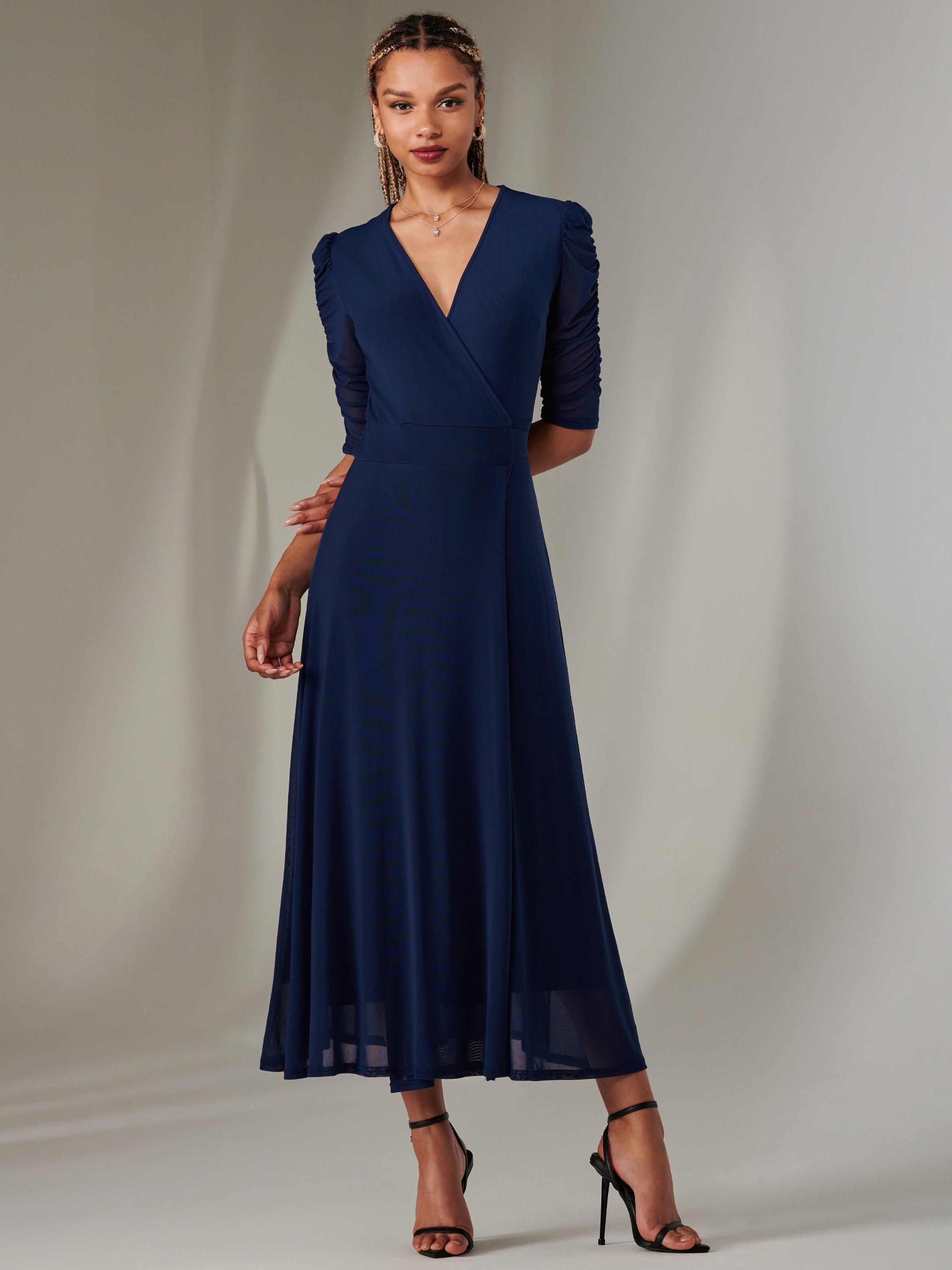 Product image 5 of 7, which shows Jolie Moi Zeena Mesh Ruched Wrap Dress, Navy, 8