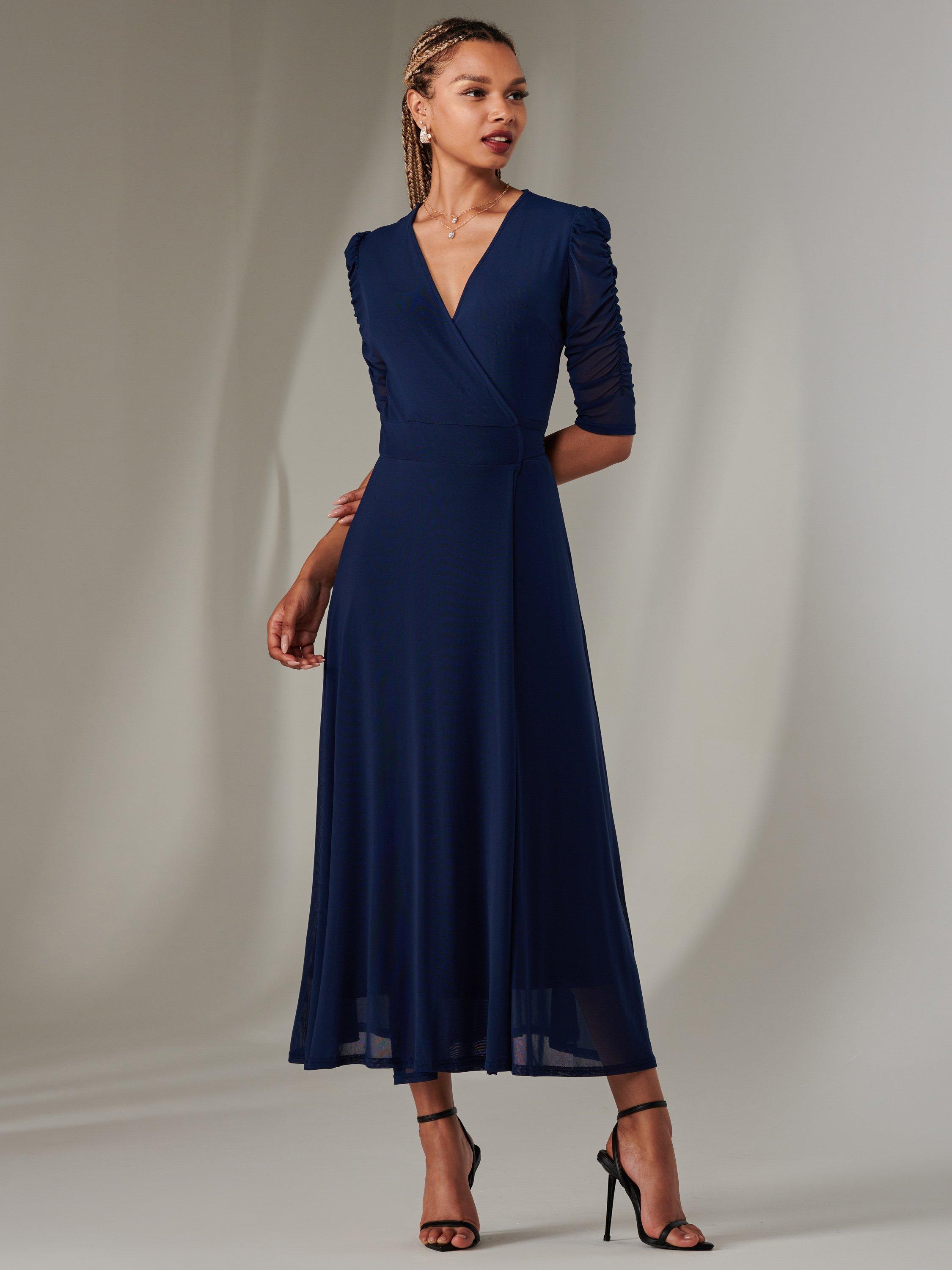 Product image 6 of 7, which shows Jolie Moi Zeena Mesh Ruched Wrap Dress, Navy, 8
