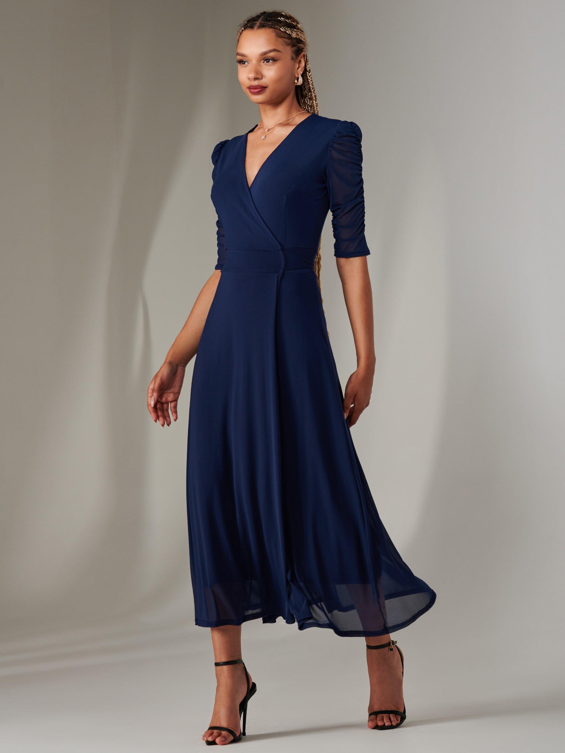 Product image 7 of 7, which shows Jolie Moi Zeena Mesh Ruched Wrap Dress, Navy, 8