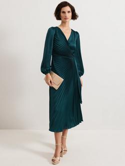 Phase Eight Gracie Satin Pleated Midi Wrap Dress, Dark Green, Dark Green