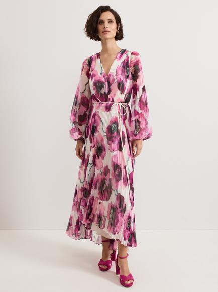 Phase Eight Natalia Floral Pleated Maxi Dress, Pink/Multi, Pink/Multi