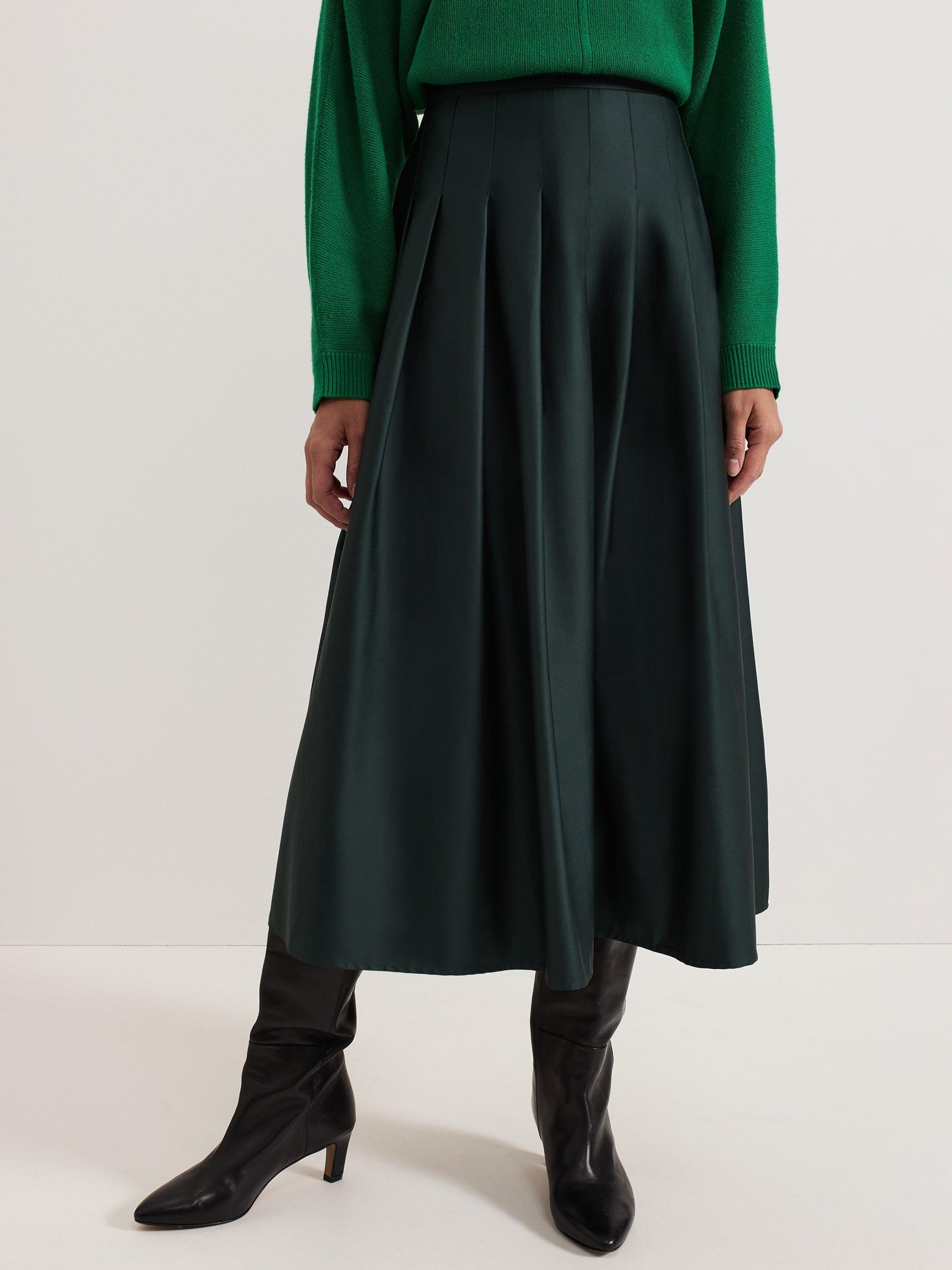 Product image 1 of 9, which shows Phase Eight Susie Pleated Midi Skirt, Dark Green, 8