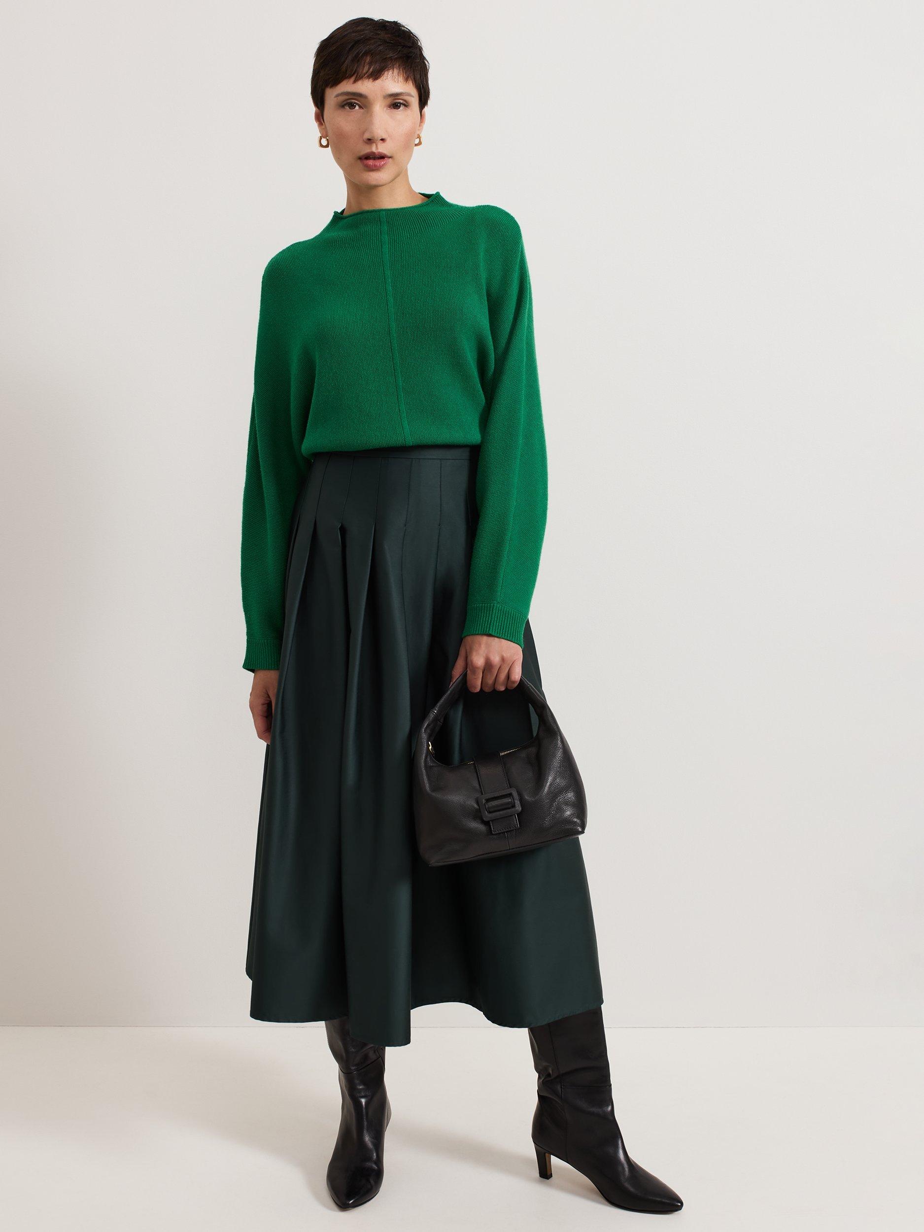Product image 3 of 9, which shows Phase Eight Susie Pleated Midi Skirt, Dark Green, 8