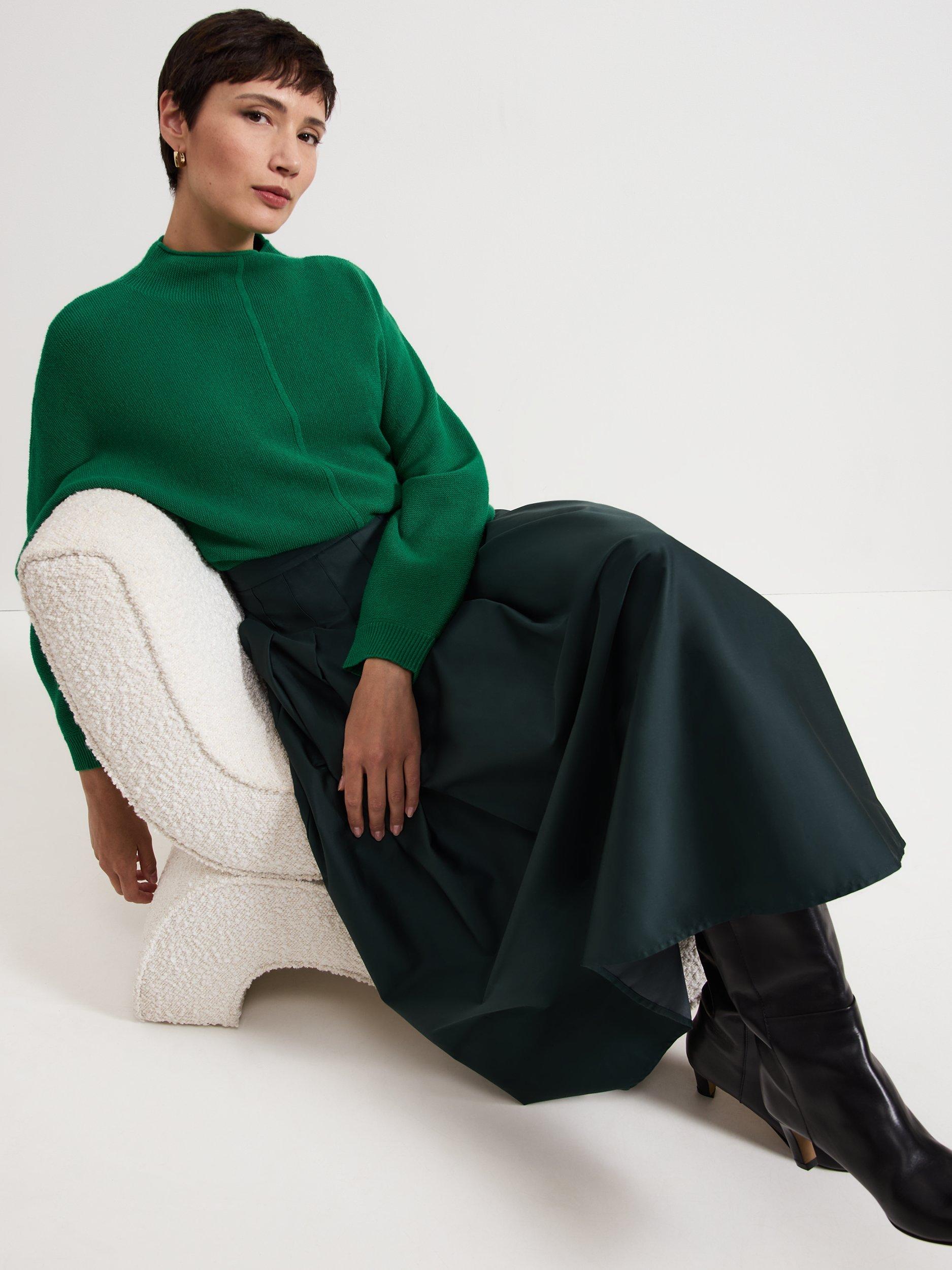 Product image 7 of 9, which shows Phase Eight Susie Pleated Midi Skirt, Dark Green, 8