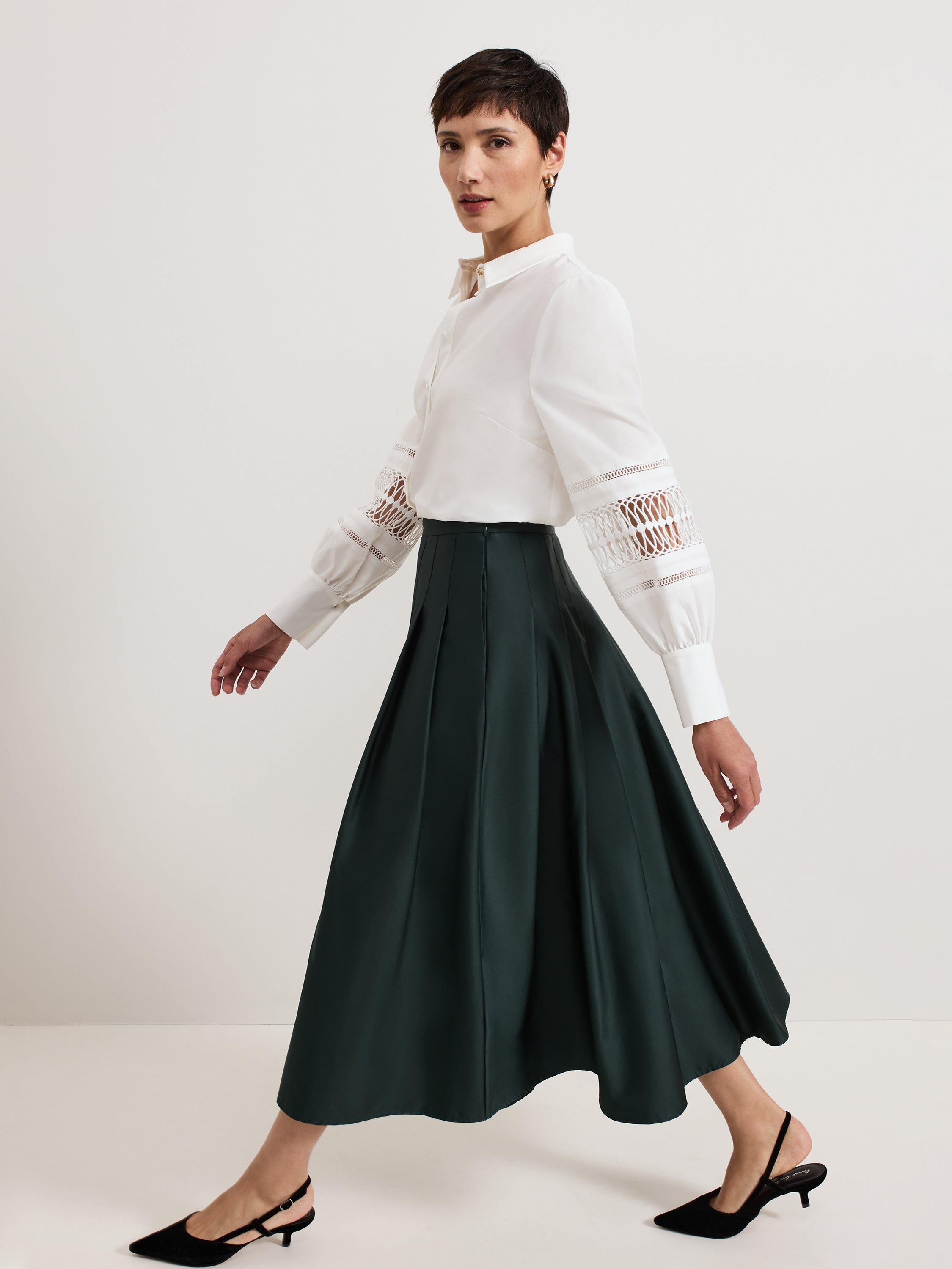 Product image 9 of 9, which shows Phase Eight Susie Pleated Midi Skirt, Dark Green, 8