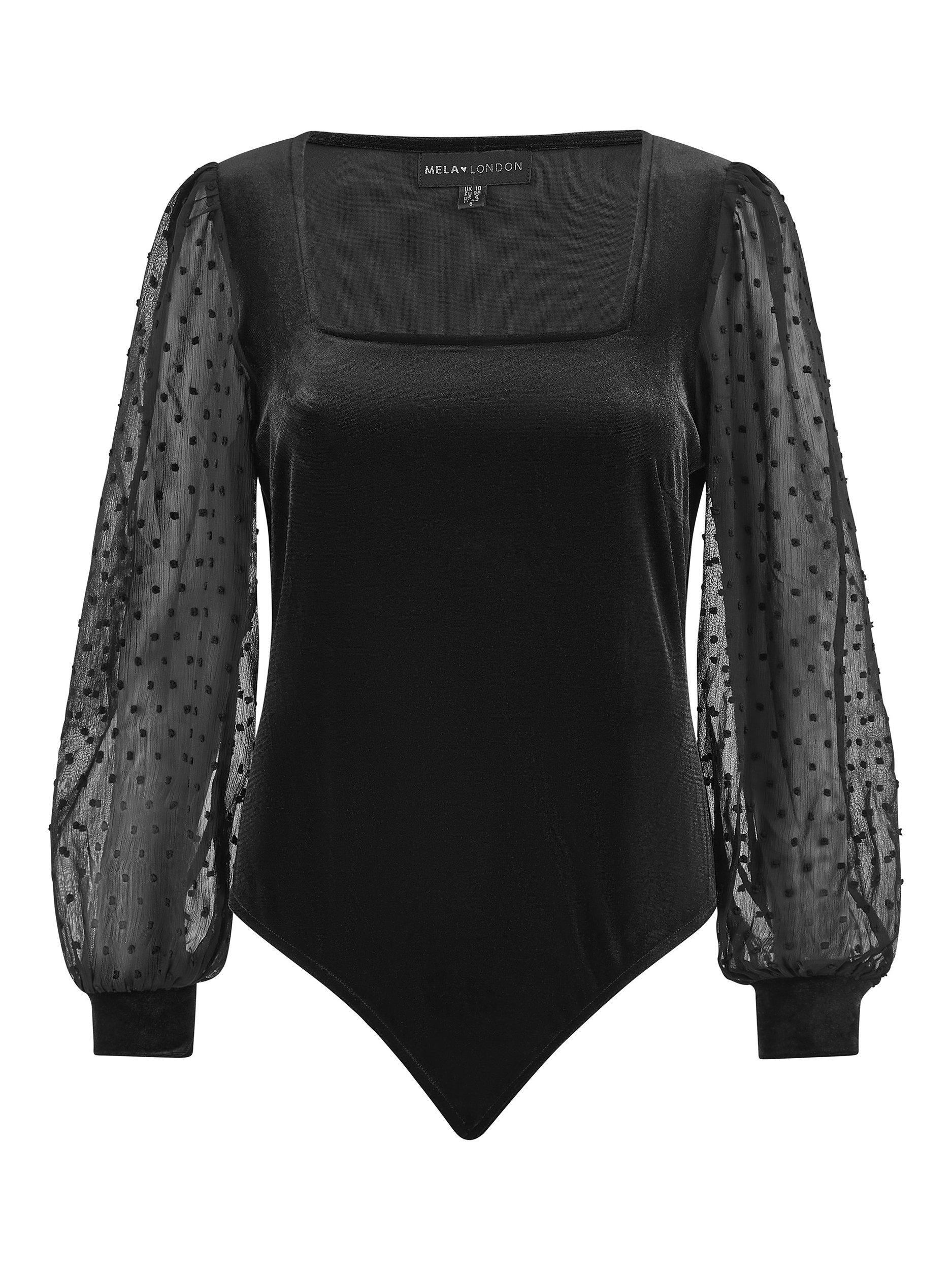 Product image 4 of 4, which shows Mela Polka Dot Sheer Sleeve Velvet Bodysuit, Black, 8
