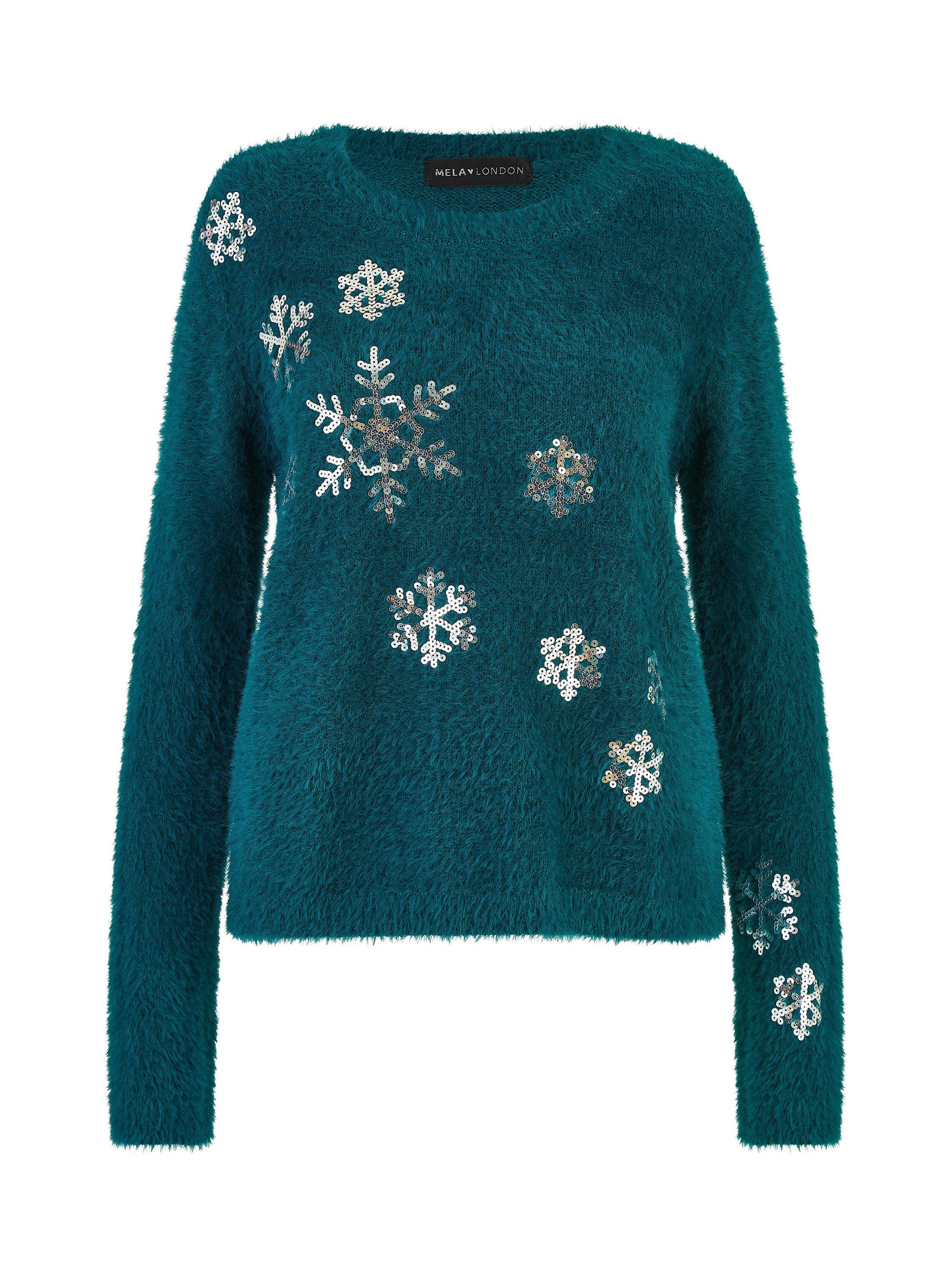 Product image 5 of 5, which shows Mela Sequin Snowflake Jumper, Teal, S