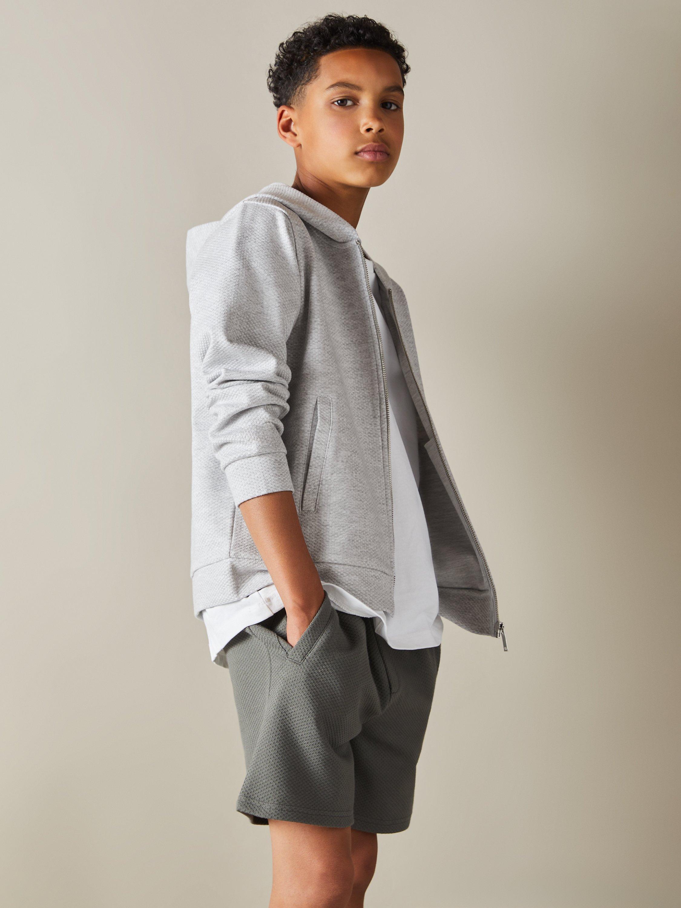 Reiss Kids' Vark Textured Zip Front Hoodie, Grey Melange