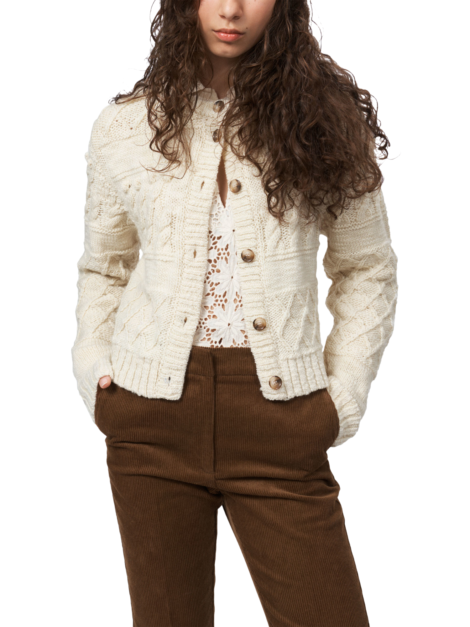 nué notes Tripp Cable Knit Pure Wool Cardigan, Beige