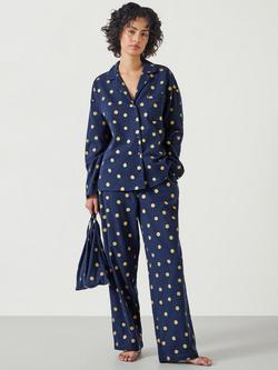 HUSH Amita Polka Dot Flannel Pyjama Set, Navy/Gold