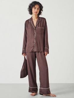 HUSH Angelina Satin Modal Pyjama Set, Coffee Brown - view 2, Coffee Brown