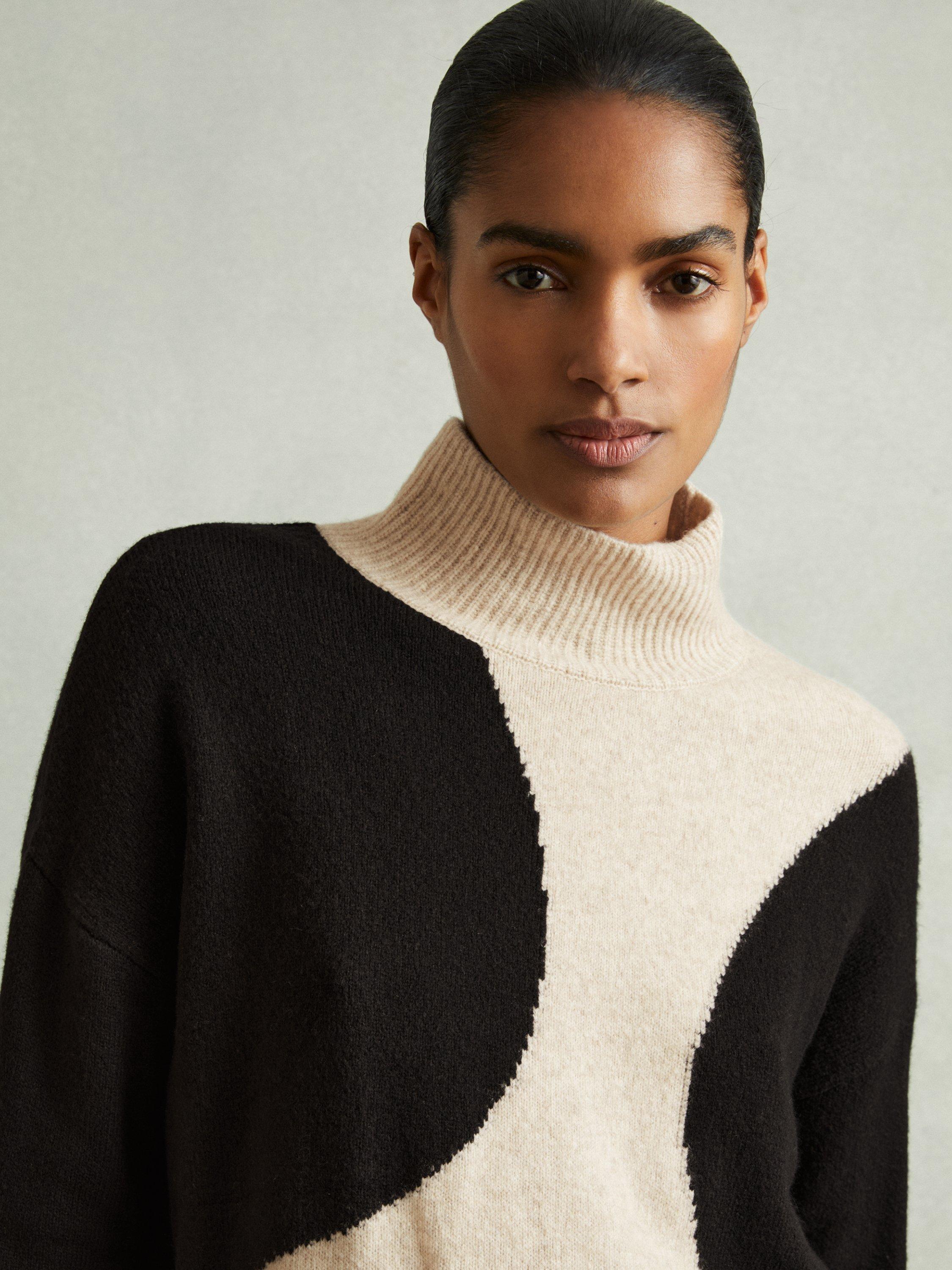 Reiss Georgia Wool Blend Colour Block Funnel Neck Jumper, Oatmeal/Black