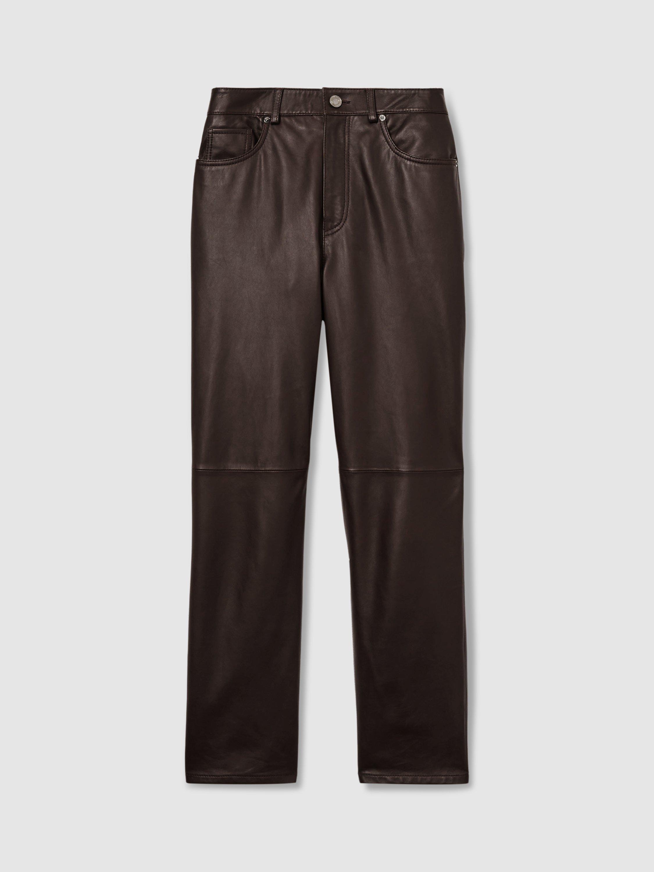 Product image 3 of 5, which shows Reiss Verona Leather Trousers, Chocolate, 6