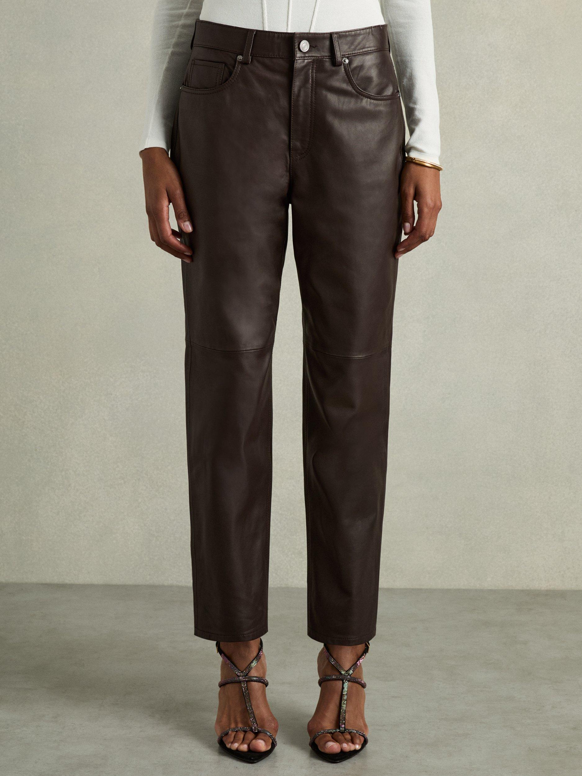 Product image 4 of 5, which shows Reiss Verona Leather Trousers, Chocolate, 6