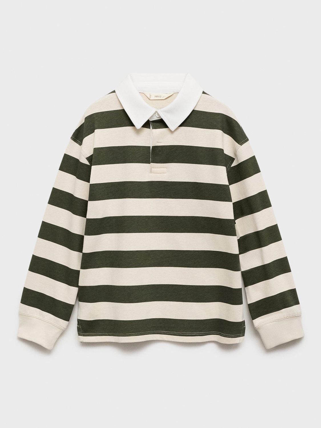 Mango Kids' Cotton Stripe Long Sleeve Polo Shirt, Khaki