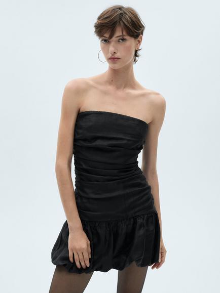 Mango Metallic Ruched Balloon Bubble Hem Mini Dress, Black, Black