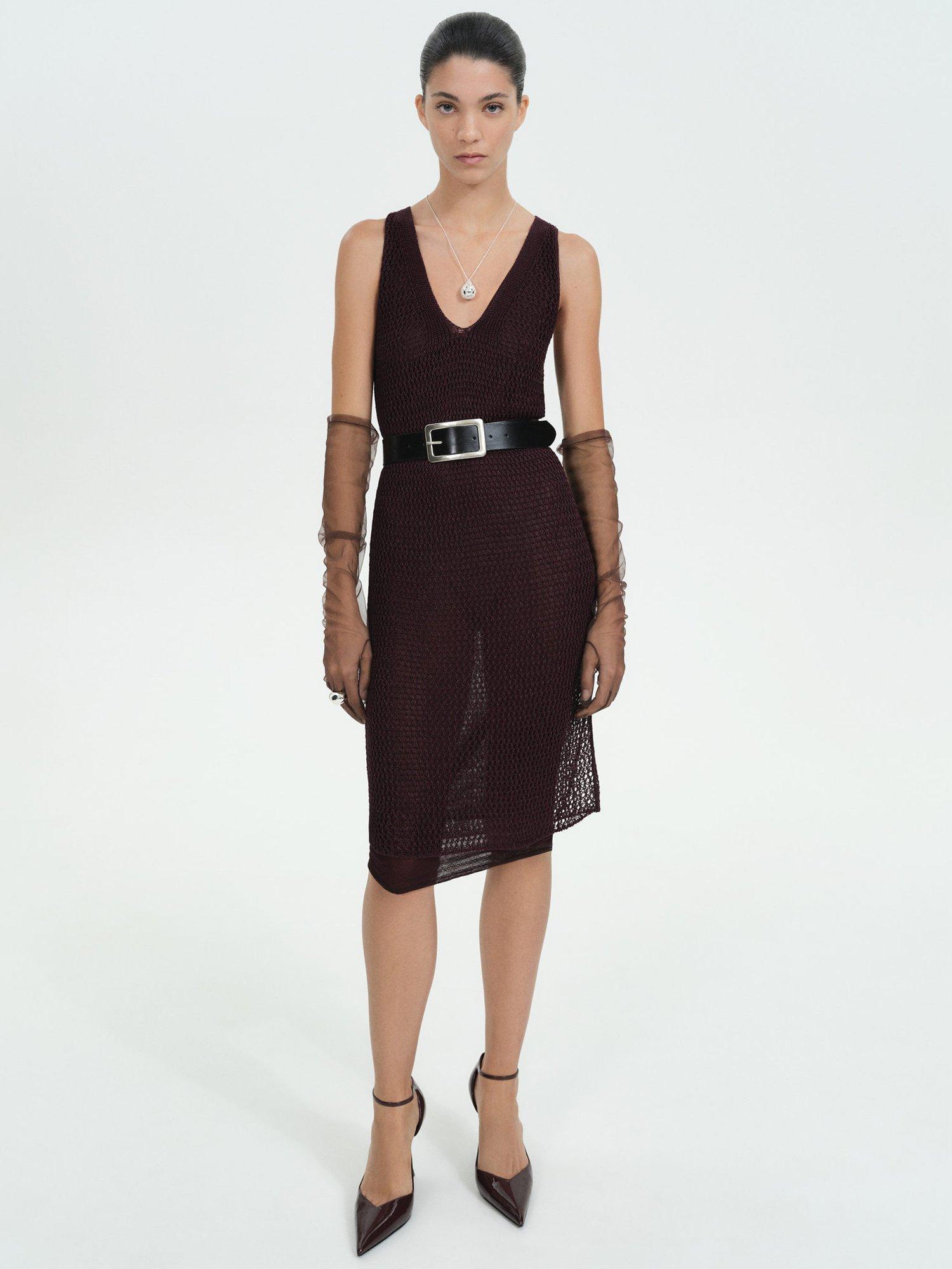 Product image 1 of 7, which shows Mango Bling Metallic Knitted Knee Length Dress, Dark Red, 10