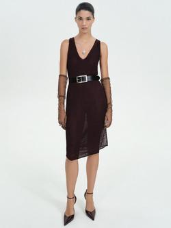 Mango Bling Metallic Knitted Knee Length Dress, Dark Red, Dark Red