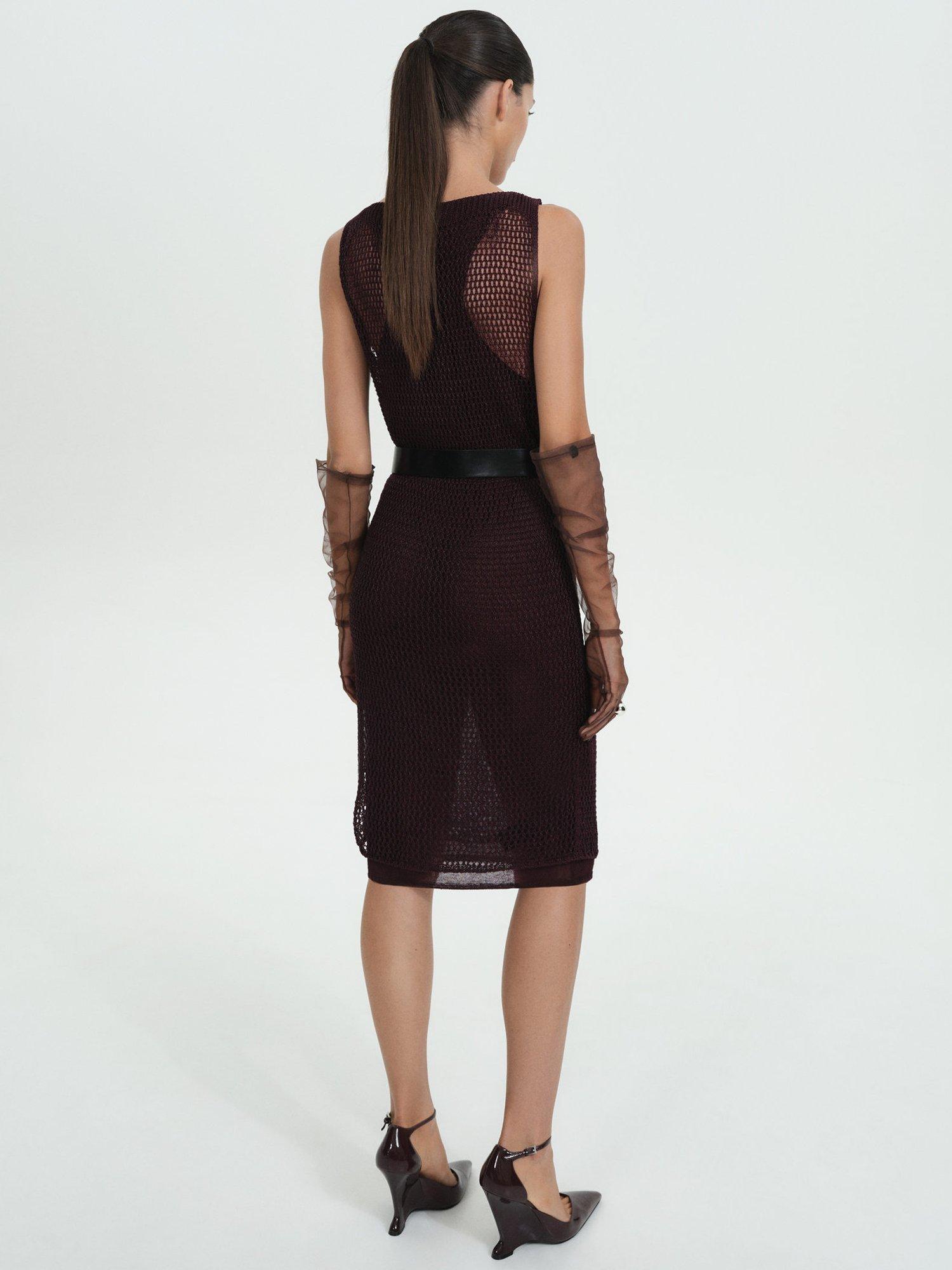 Product image 4 of 7, which shows Mango Bling Metallic Knitted Knee Length Dress, Dark Red, 10
