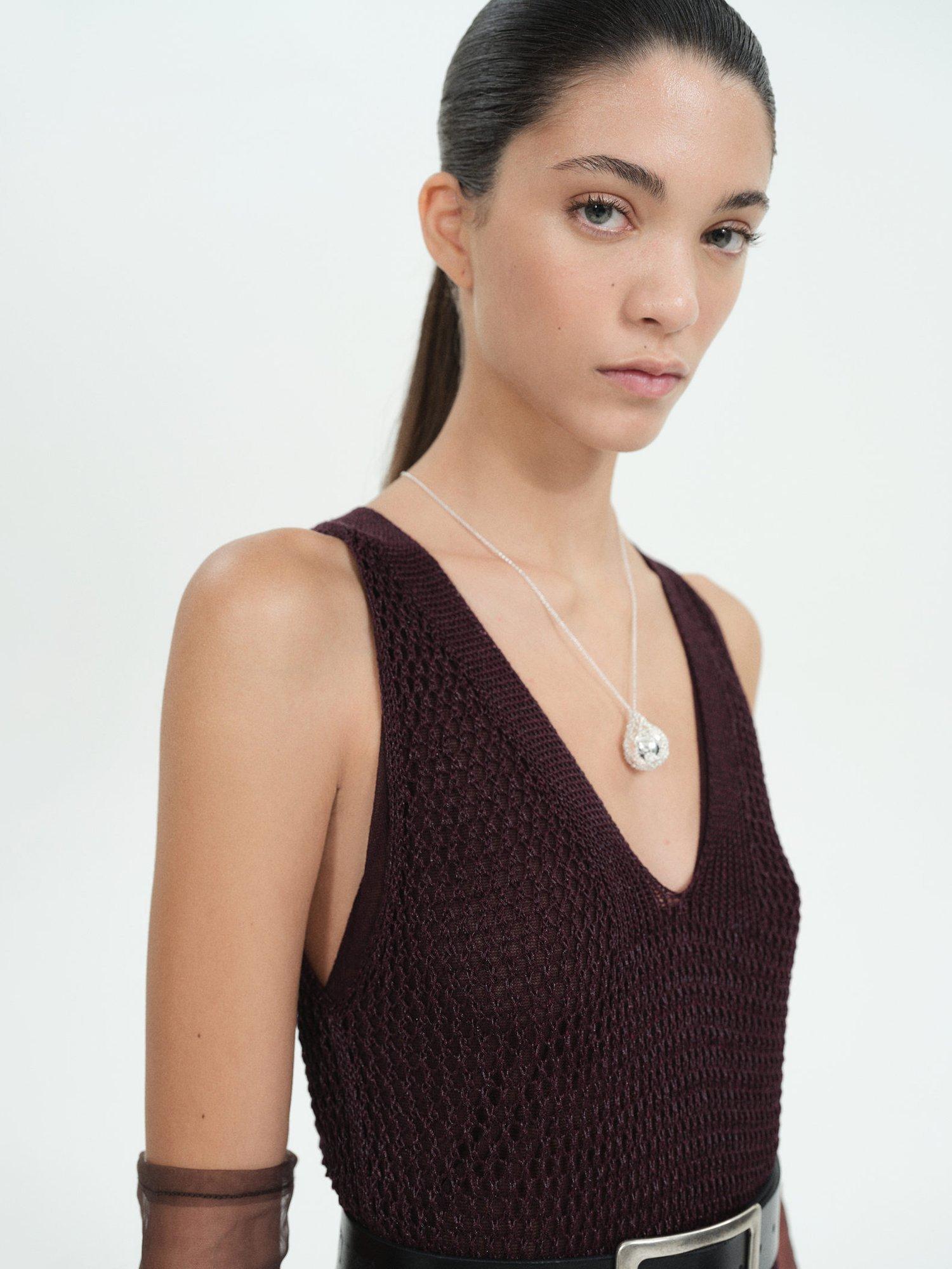 Product image 6 of 7, which shows Mango Bling Metallic Knitted Knee Length Dress, Dark Red, 10
