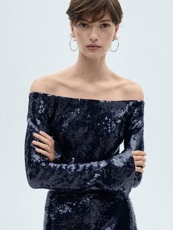 Mango Arlet Sequin Off Shoulder Top, Medium Blue, Medium Blue