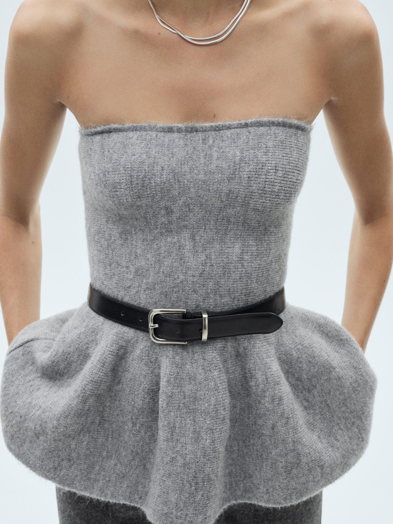 Mango Jabot Knit Peplum Top, Grey