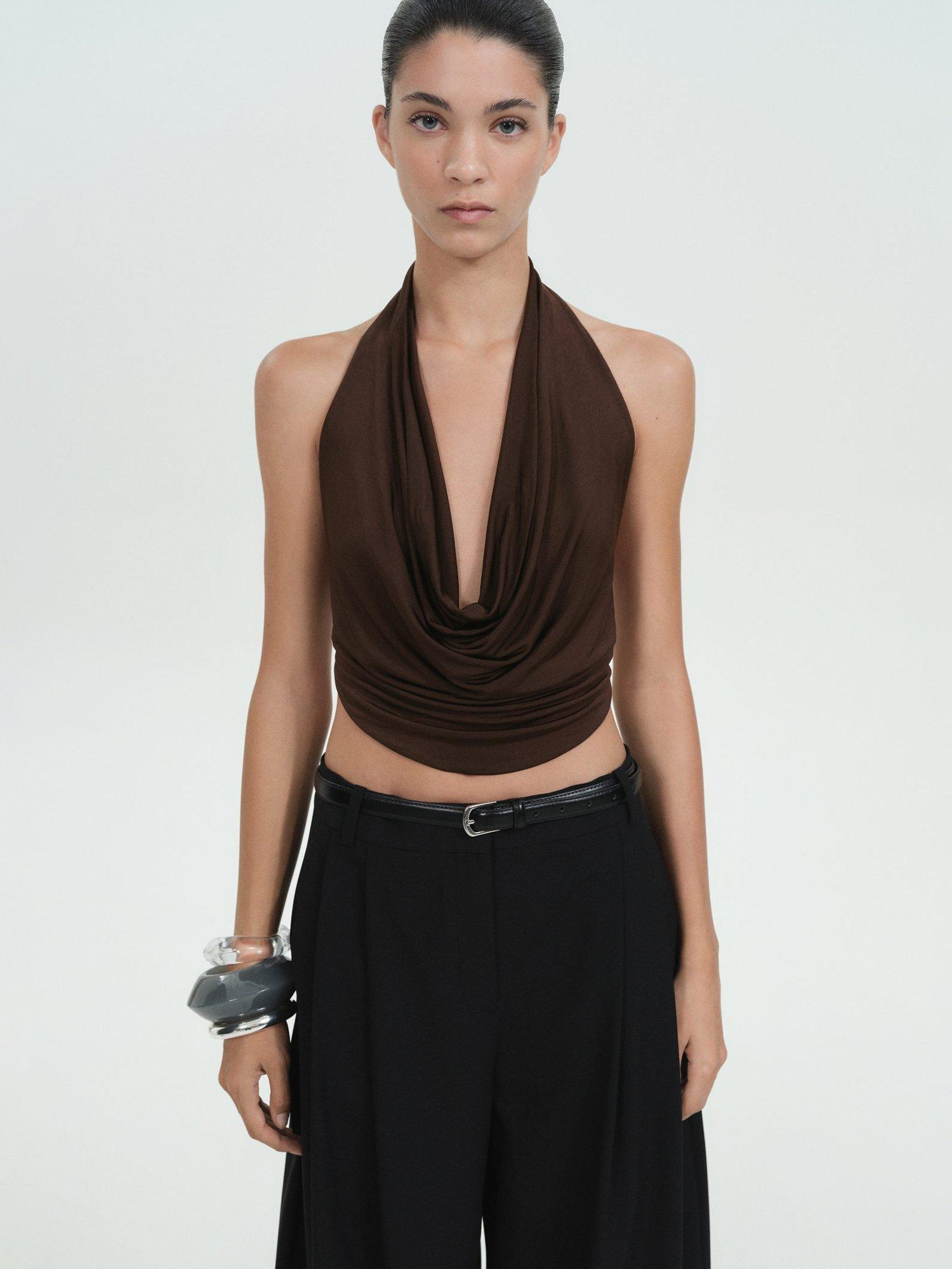 Mango Jolie Drape Neck Top, Brown