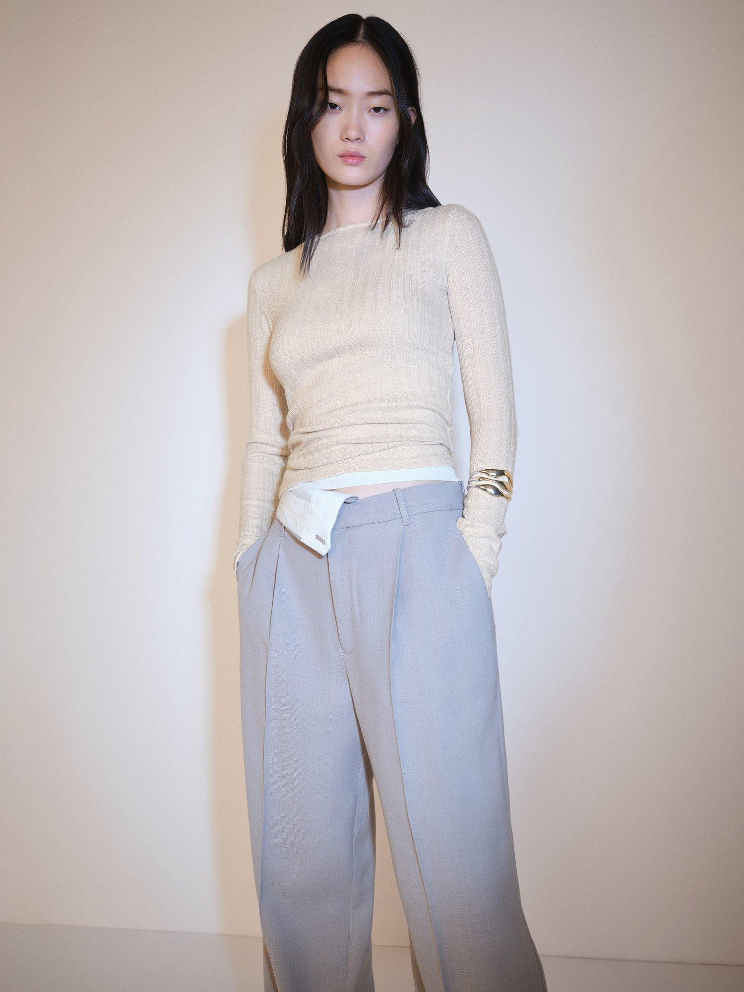Product image 1 of 8, which shows Mango Boat Neck Long Sleeve Pointelle Top, Lt Pastel Grey, XL