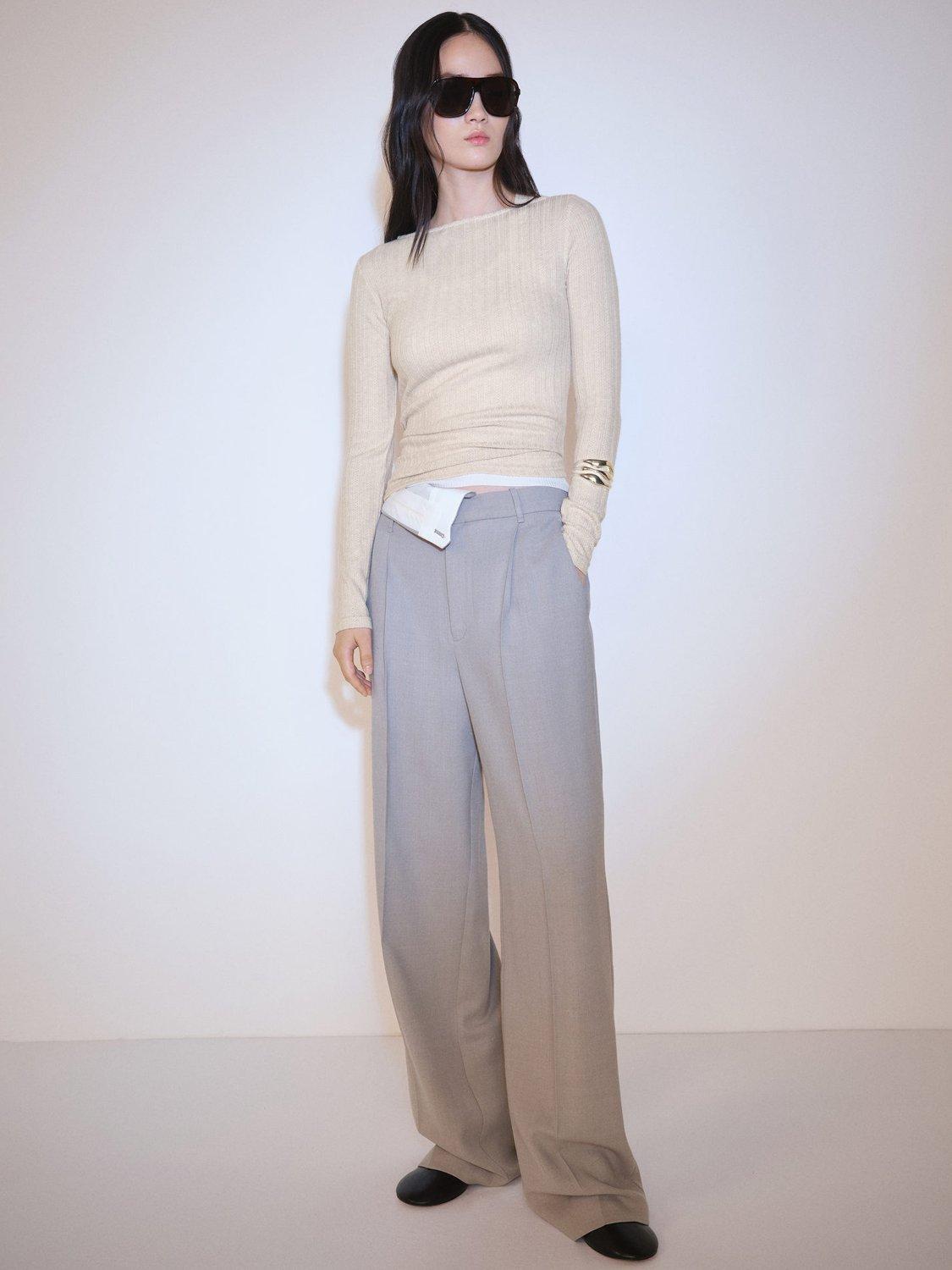 Product image 2 of 8, which shows Mango Boat Neck Long Sleeve Pointelle Top, Lt Pastel Grey, XL