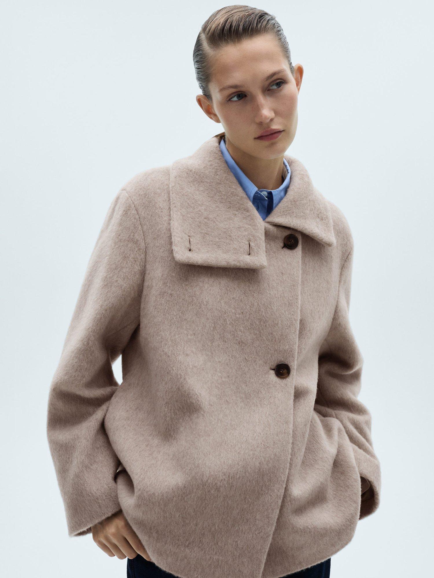 Product image 1 of 7, which shows Mango Honey Funnel Neck Wool Rich Coat, Light Beige, L