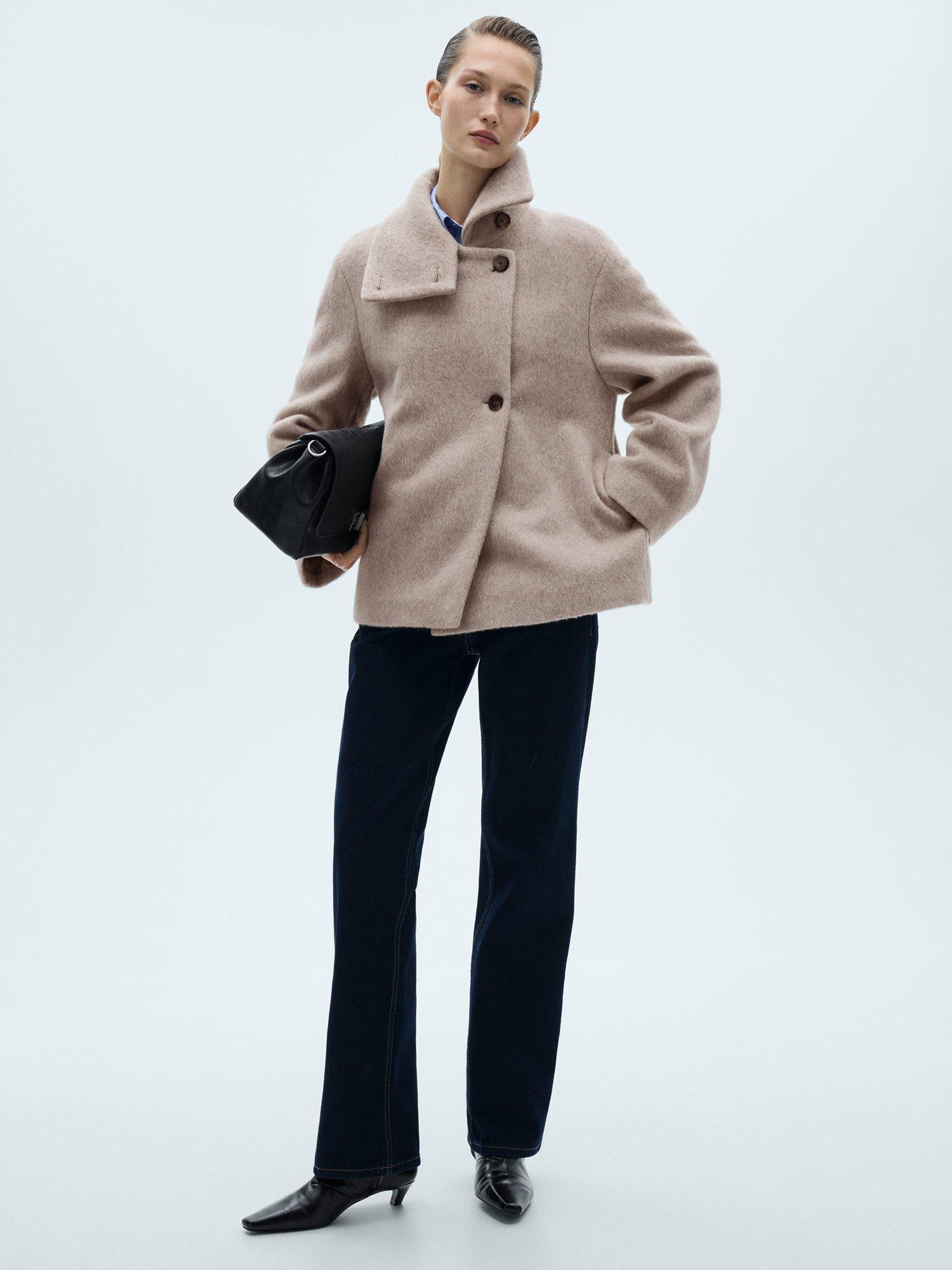 Product image 2 of 7, which shows Mango Honey Funnel Neck Wool Rich Coat, Light Beige, L