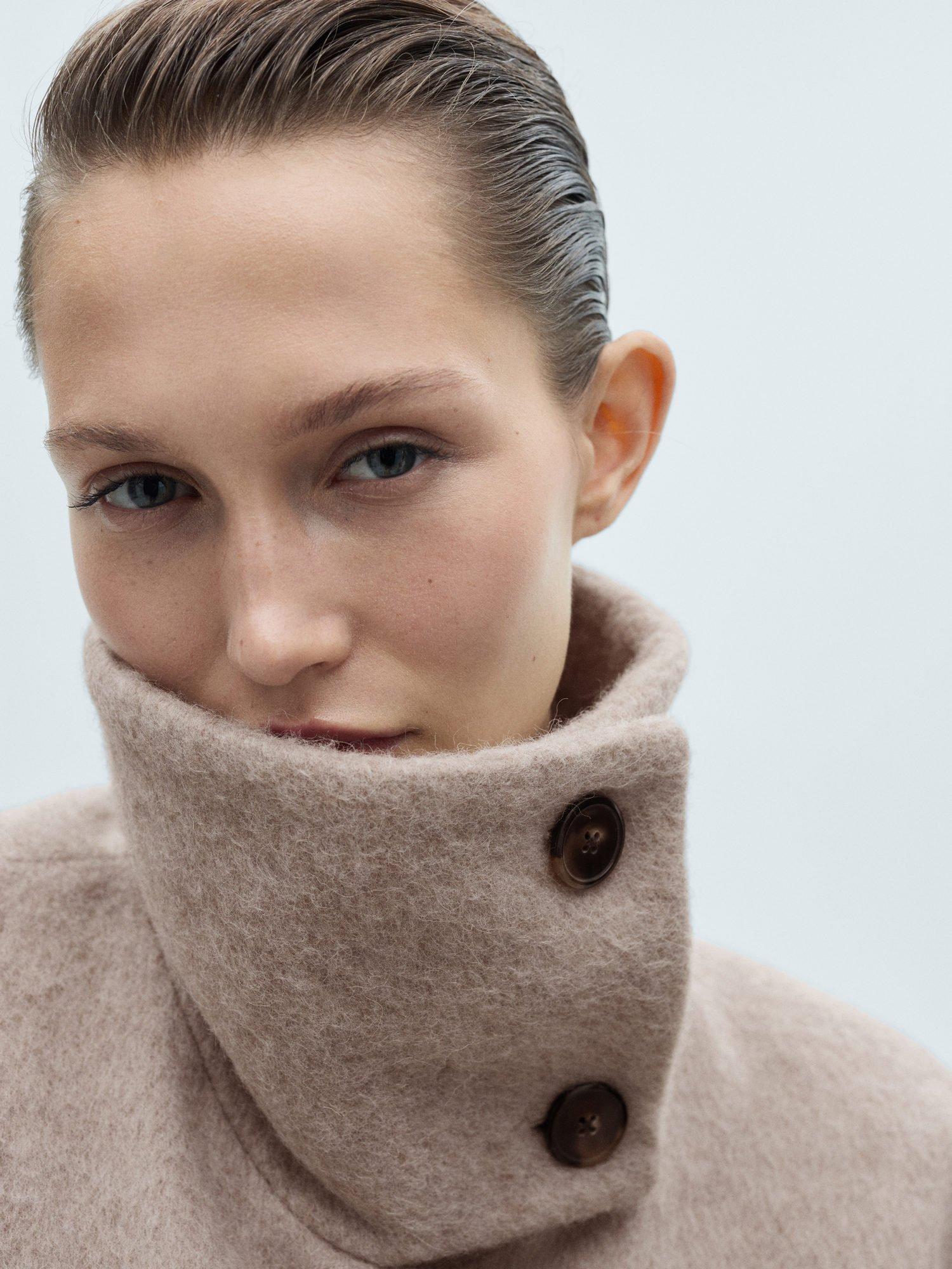 Product image 6 of 7, which shows Mango Honey Funnel Neck Wool Rich Coat, Light Beige, L