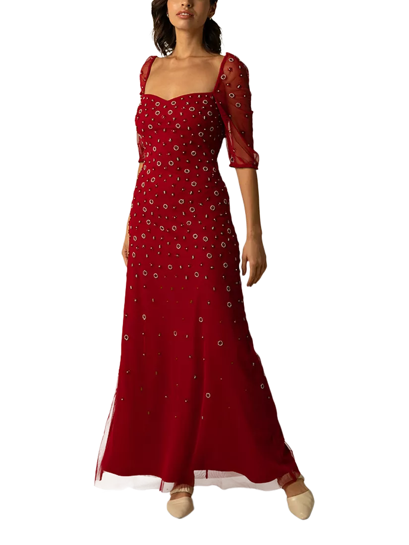 Raishma Zanab Sequin Beaded Sheer Sleeve Maxi Gown Crimson