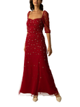 Raishma Zanab Sequin Beaded Sheer Sleeve Maxi Gown, Crimson