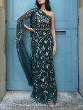 Raishma Therese Sequin Floral Sheer Cape Sleeve One Shoulder Maxi Gown, Green