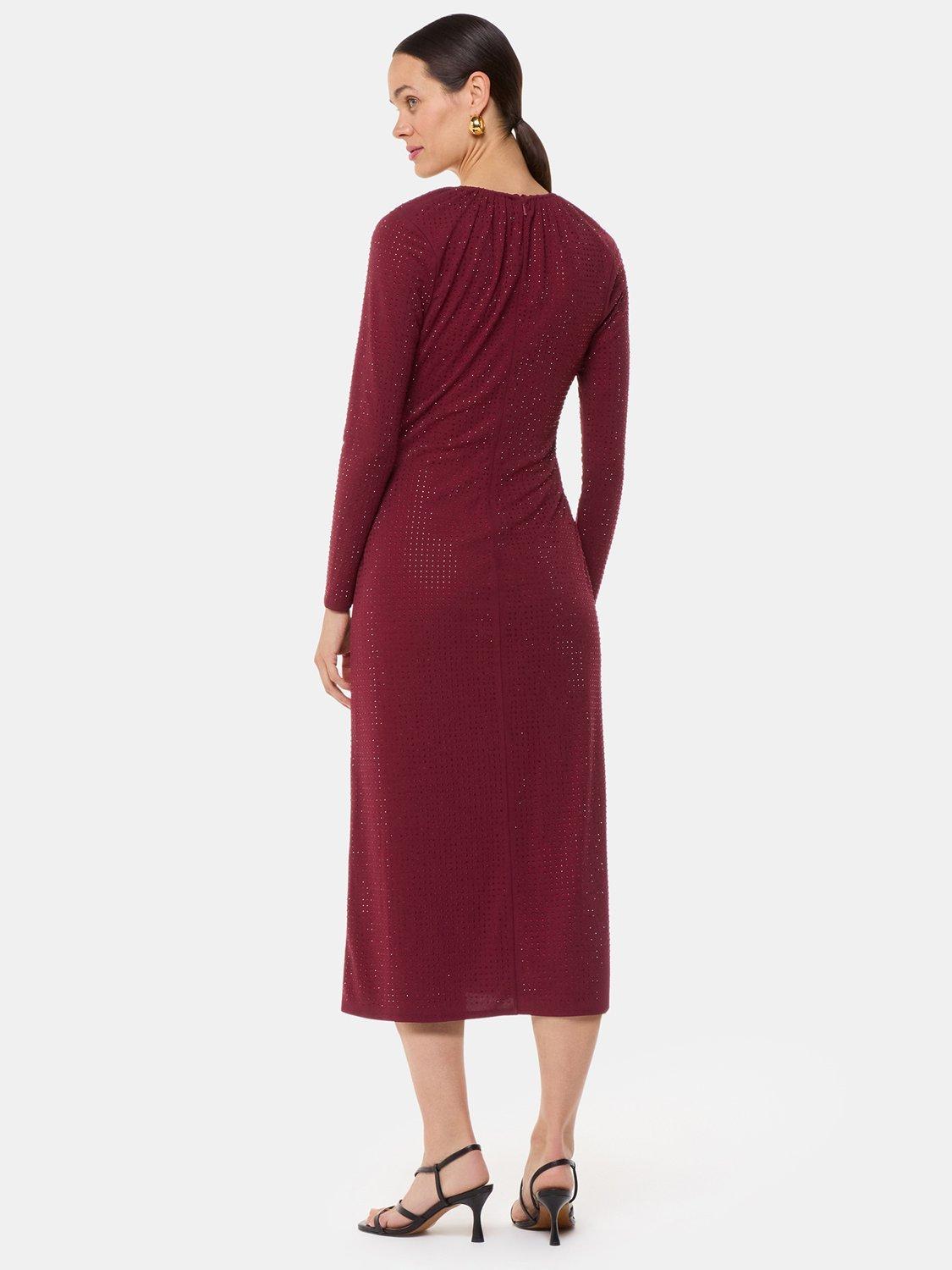 Product image 2 of 7, which shows Whistles Hot Fix Embellished V-Neck Midi Dress, Burgundy, 6