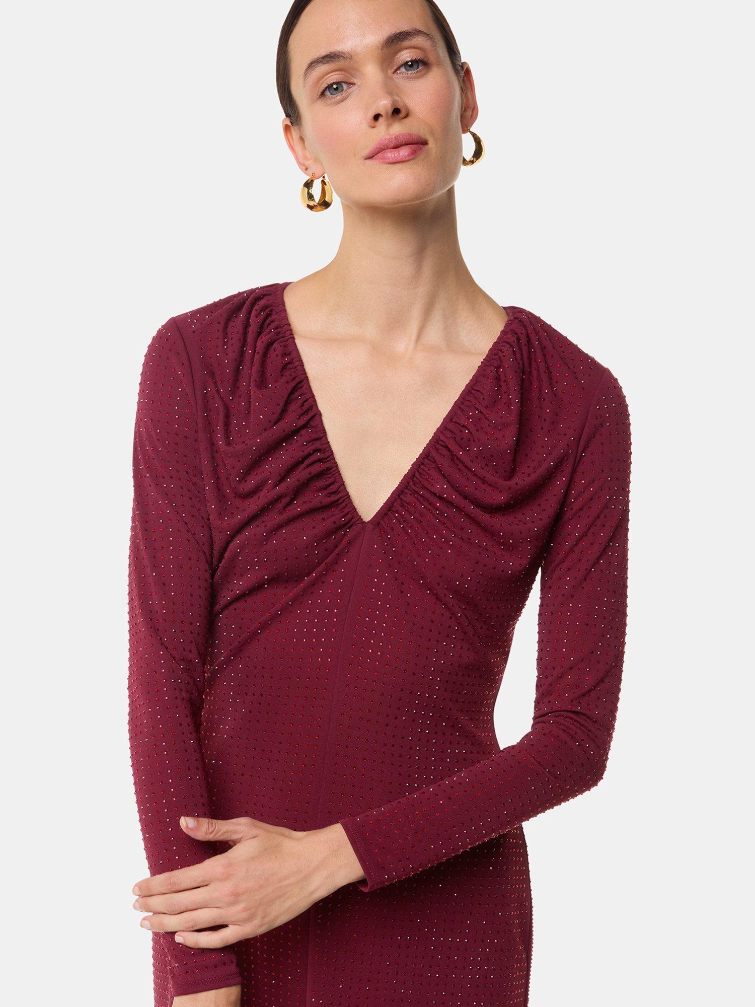 Product image 3 of 7, which shows Whistles Hot Fix Embellished V-Neck Midi Dress, Burgundy, 6
