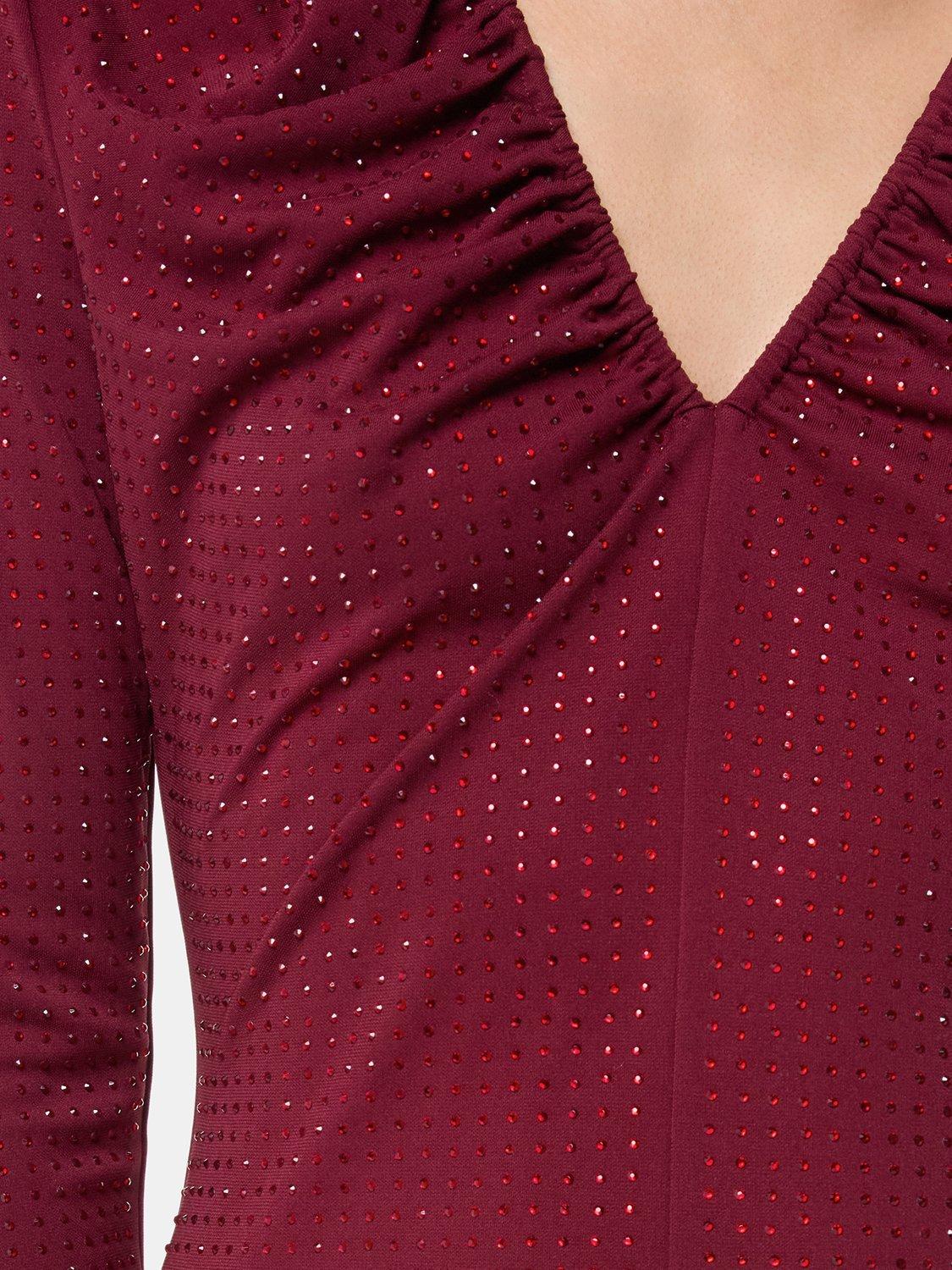 Product image 5 of 7, which shows Whistles Hot Fix Embellished V-Neck Midi Dress, Burgundy, 6