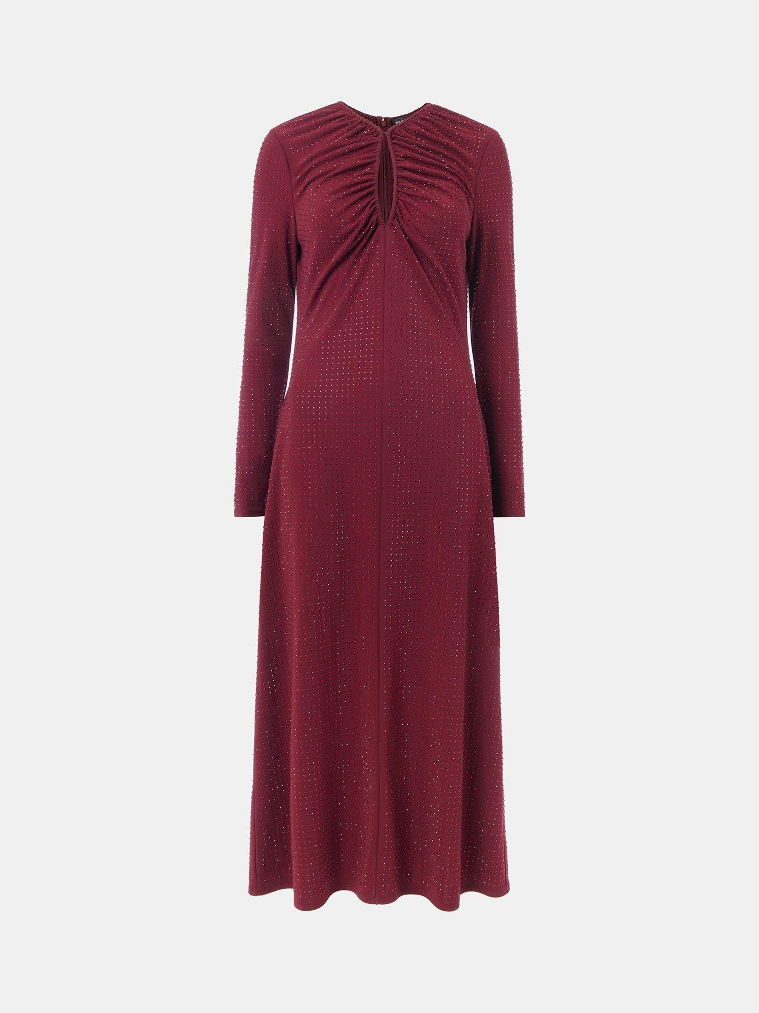 Product image 7 of 7, which shows Whistles Hot Fix Embellished V-Neck Midi Dress, Burgundy, 6