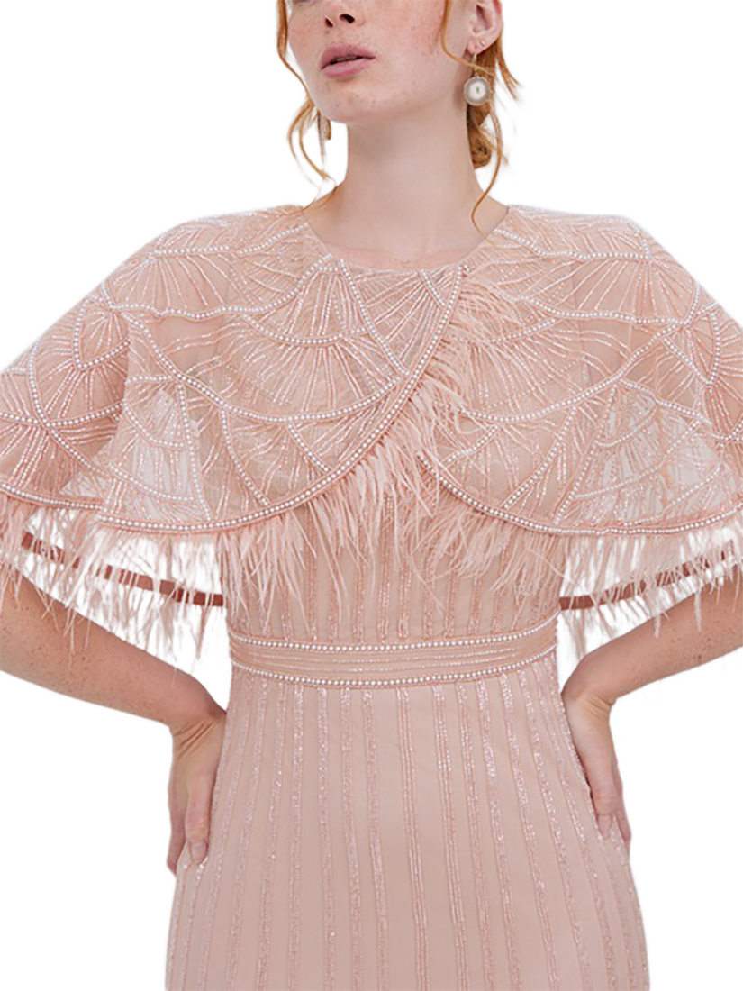 Product image 2 of 3, which shows Raishma Adira Feathered Cape Dress, Nude, 8