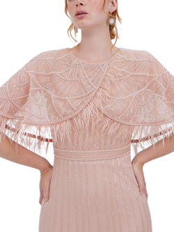 Raishma Adira Feathered Cape Dress, Nude - view 2, Nude