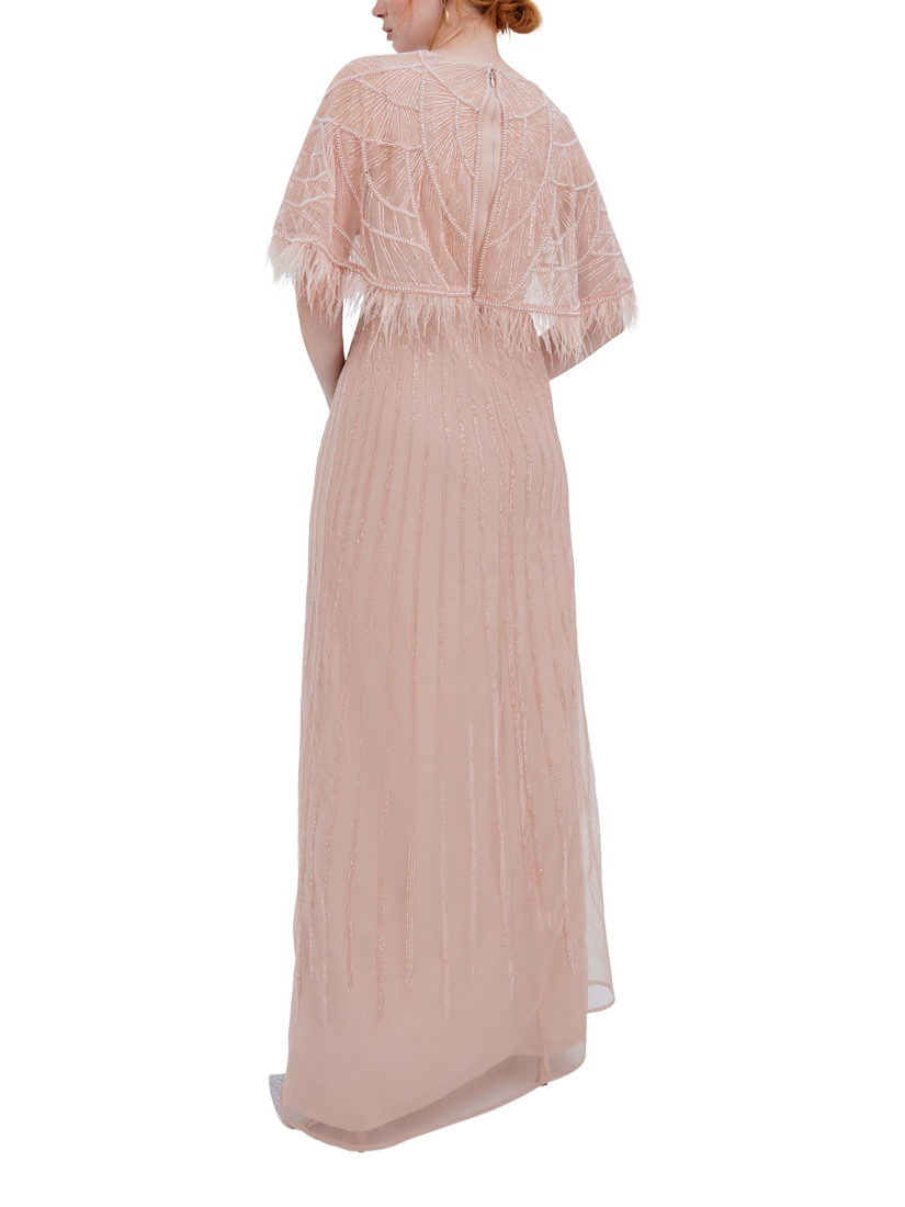 Product image 3 of 3, which shows Raishma Adira Feathered Cape Dress, Nude, 8