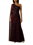 Raishma Kalina Sequin Stripe One Shoulder Maxi Gown, Burgundy, Burgundy