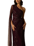 Raishma Kalina Sequin Stripe One Shoulder Maxi Gown, Burgundy, Burgundy