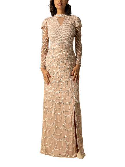 Raishma Casey Scalloped Beaded Maxi Gown, Nude, Nude