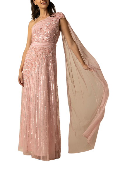 Raishma Florence Sequin Floral One Shoulder Maxi Gown, Pink, Pink